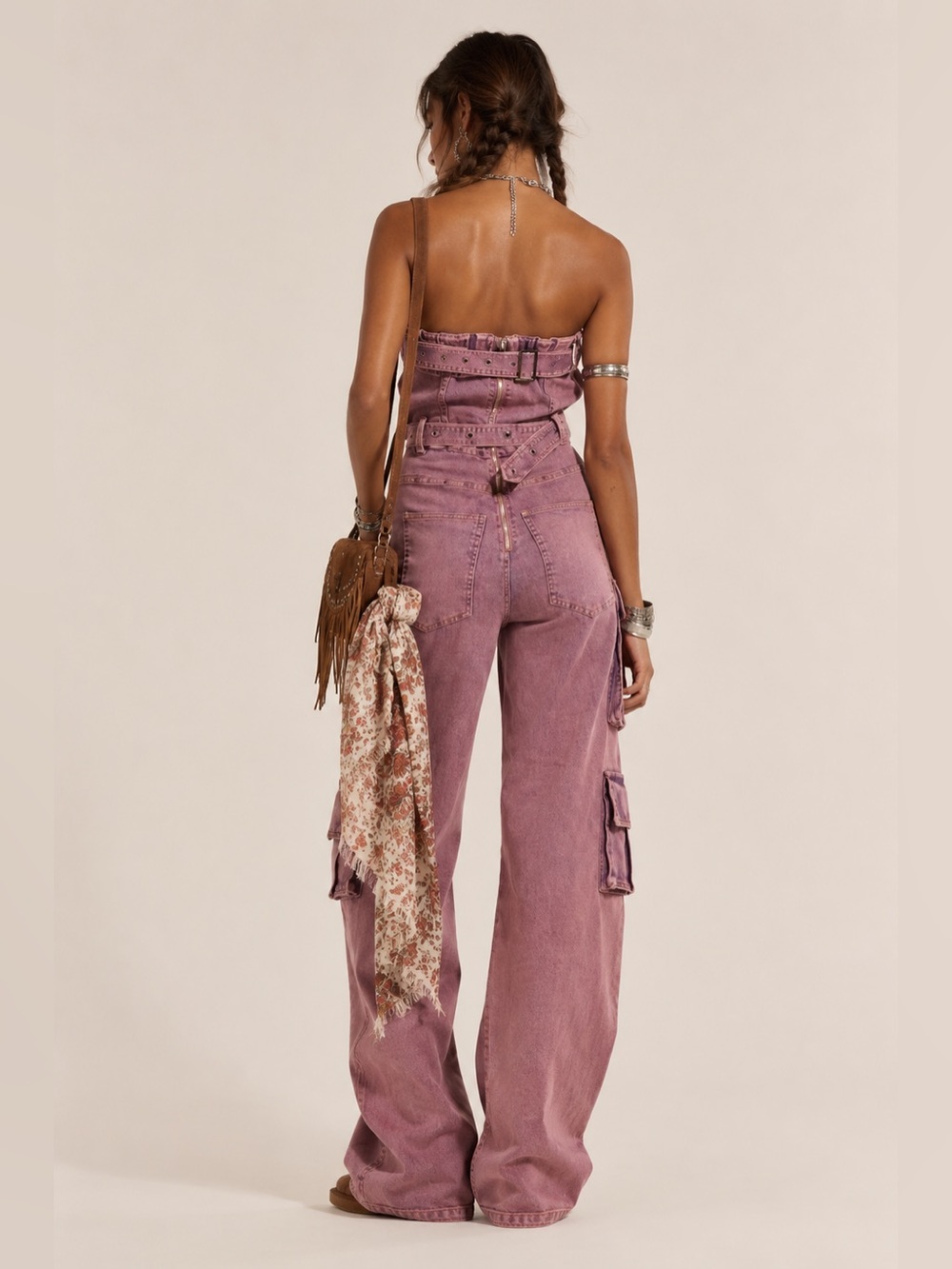 NWT $130 Akira Acid Washed Denim Jumpsuit Pink buckles streetwear cargo baggy - Picture 3 of 13